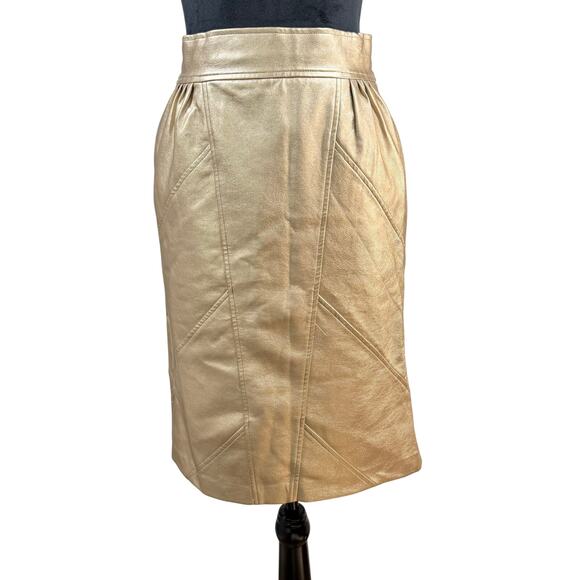 FRNCH Paris Gold Vegan Leather Pencil Skirt Women’s Small Metallic Chic - Picture 1 of 11